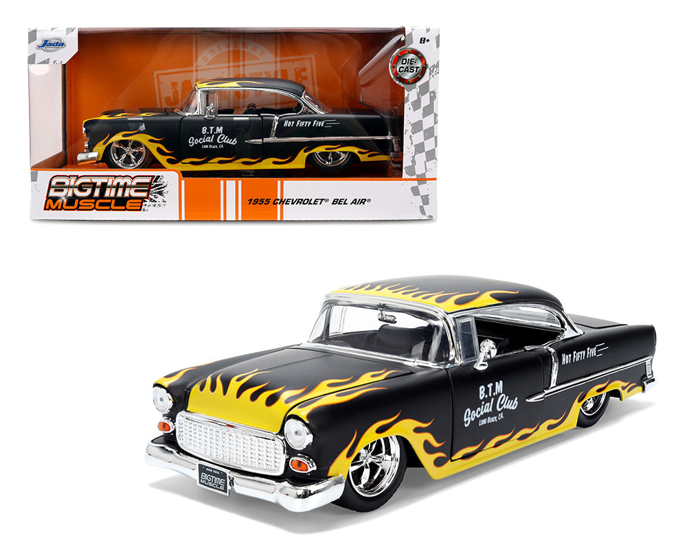 Jada 1:24 1955 Chevrolet Bel Air “B.T.M Social Club” – Matte Black with Flames – Bigtime Muscle