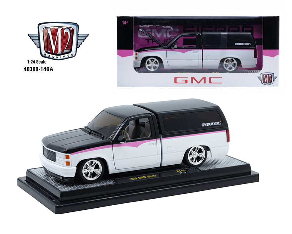 M2 Machines 1:24 1991 GMC Sierra Custom with Camper Shell – Black White – Release 146A