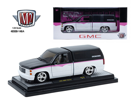 M2 Machines 1:24 1991 GMC Sierra Custom with Camper Shell – Black White – Release 146A