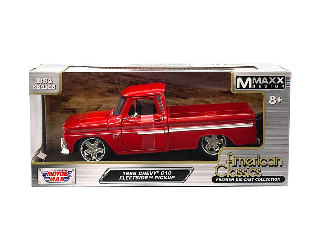 Motormax 1:24 1966 Chevrolet C10 Fleetside Pickup Truck Custom Wheels – Red – Timeless Legends