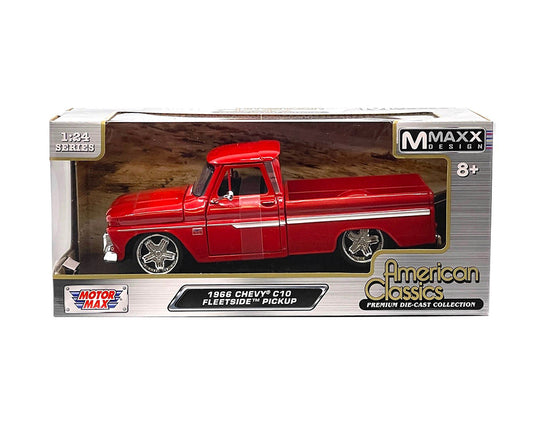 Motormax 1:24 1966 Chevrolet C10 Fleetside Pickup Truck Custom Wheels – Red – Timeless Legends